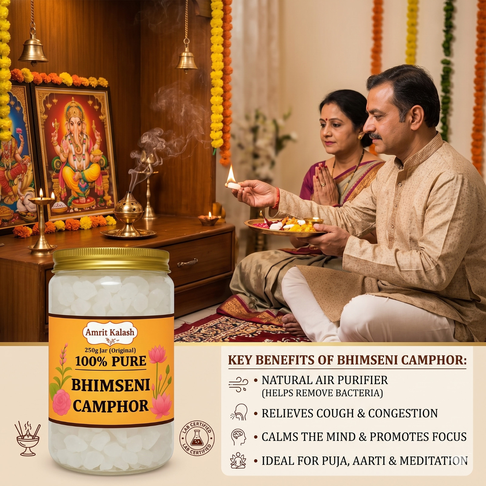 Amrit Kalash Lab Certified 100% Pure Bhimseni 250g Jar (Original) Camphor
