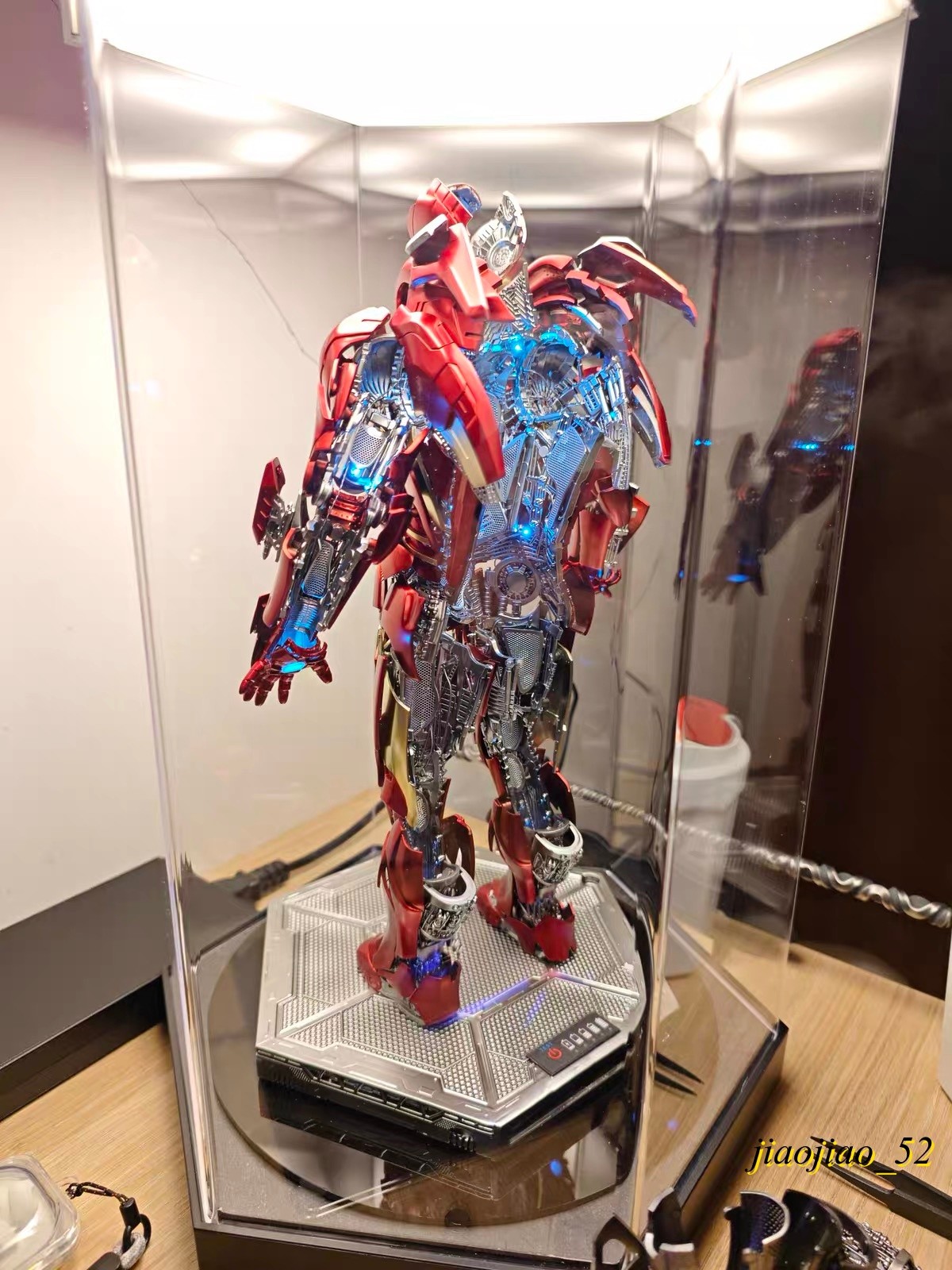 LED Rotating Hex Acrylic Display Box Silent Turntable Figure Model Dust Showcase