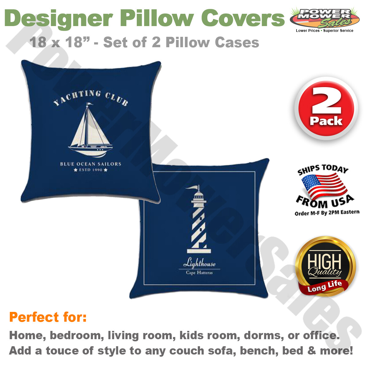 Set of 2 Pillow Covers 18x18, Blue Sailboat & Lighthouse Pattern