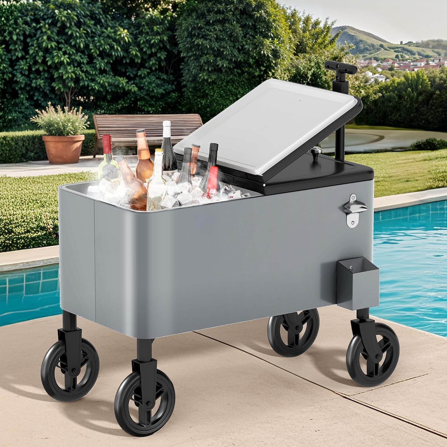 Ice Chest with Wheels,80 Quart Rolling Cooler with Bottle Opener Drainage