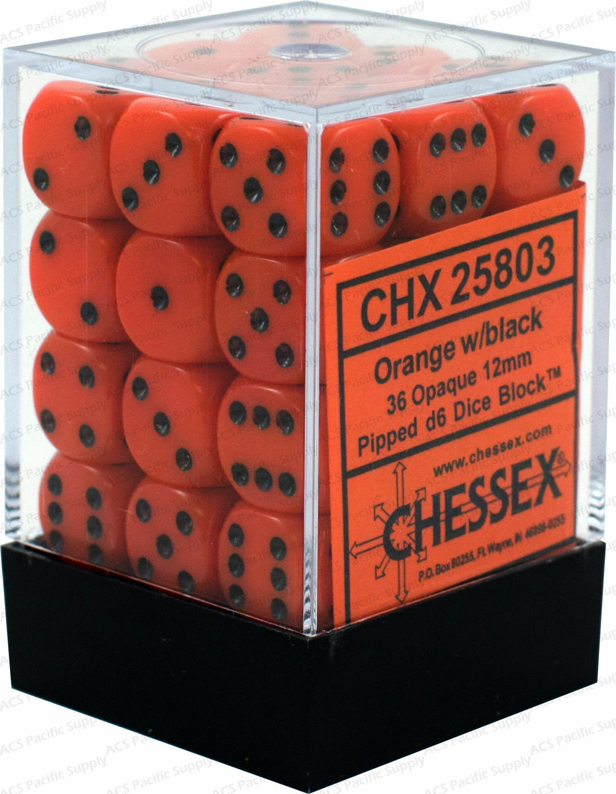 Chessex Opaque Orange with Black 36 Dice Set - 6 Sided - 12mm d6 Dice Block