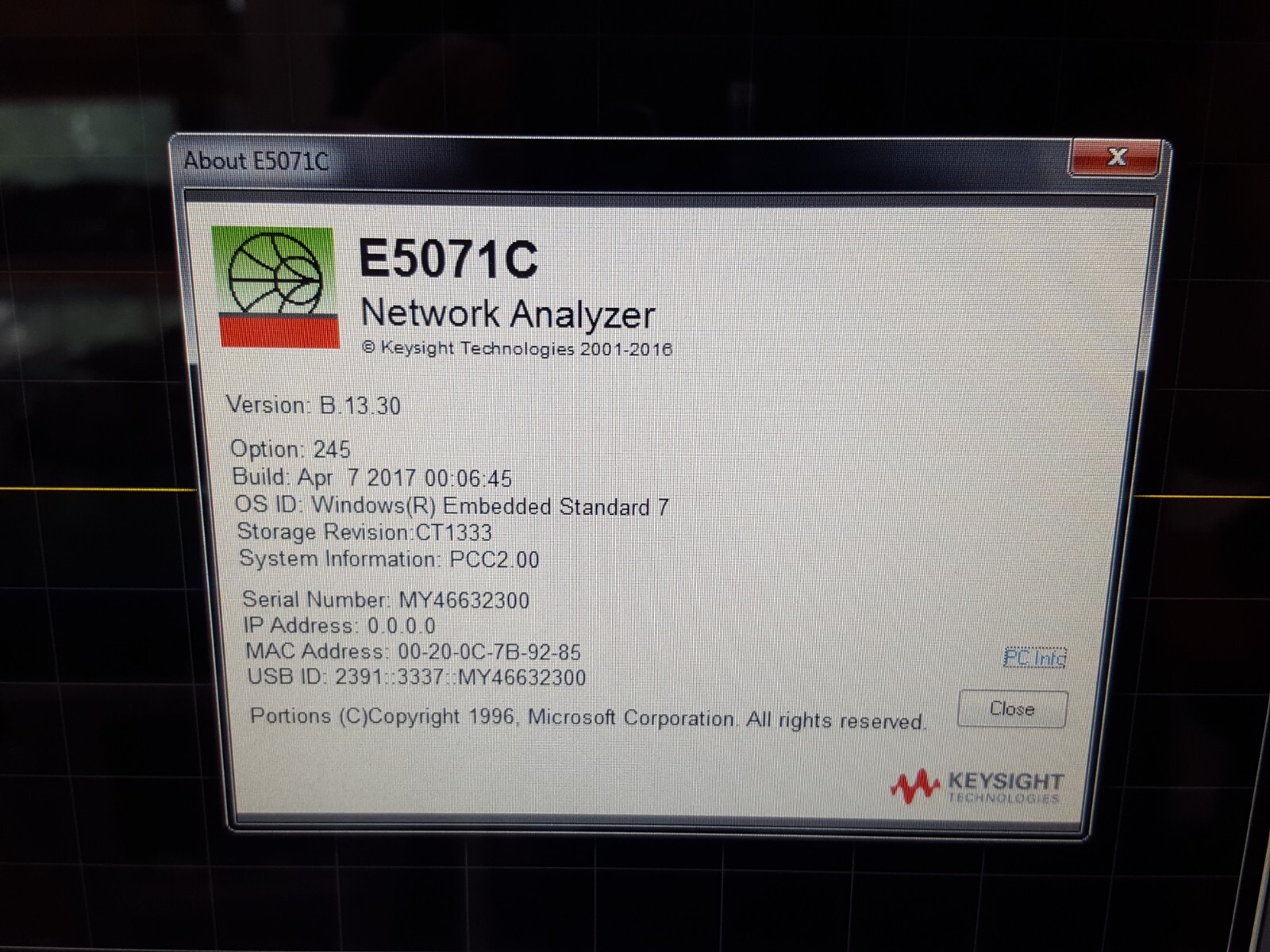 Keysight E5071C: Network Analyzer, 100kHz-4.5GHz, W/Opt. 245 WIN7 (2300)