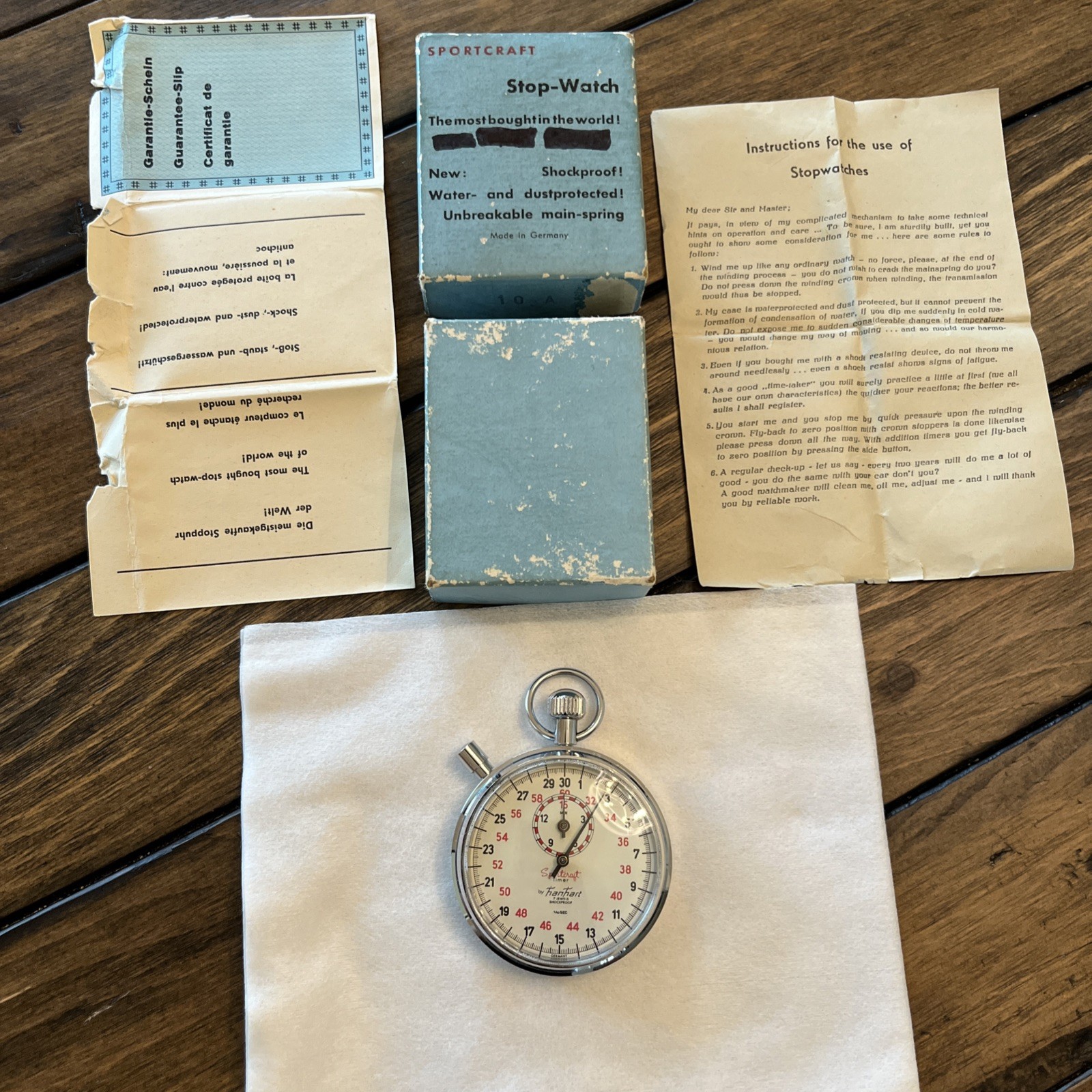 Vtg Hanhart 10A Sport-Timer Stopwatch 7 Jewels MINT Box & Papers Germany WORKING