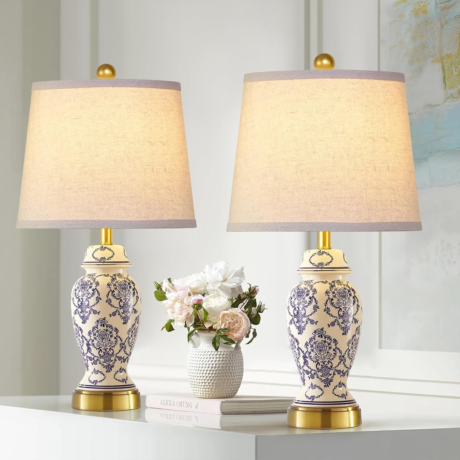 Chinoiserie Ceramic Table Lamps Set of 2 for Living Room Bedroom Bedside, Tra...