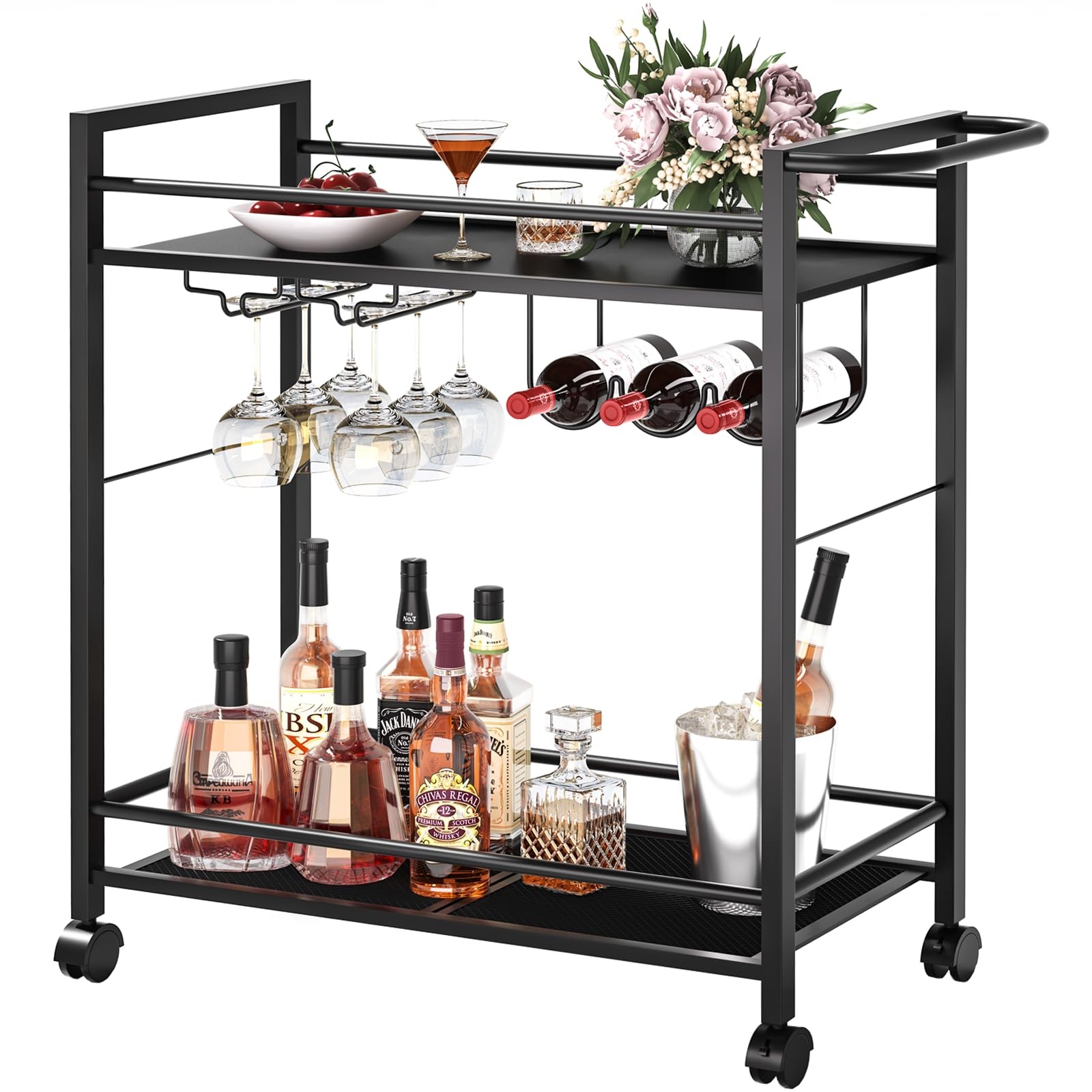 Bar Cart,Home Bar Serving Cart with Storage Shelves, 2 Tier Rolling Beverage ...