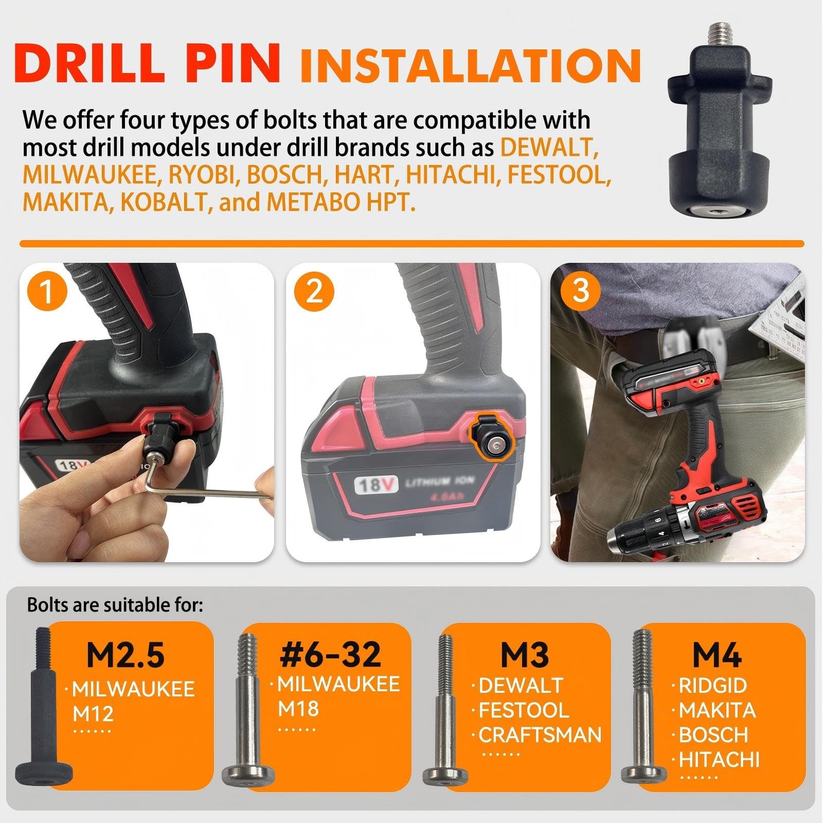 3-Pack Tool Holster Drill Pins, for Drill Holster