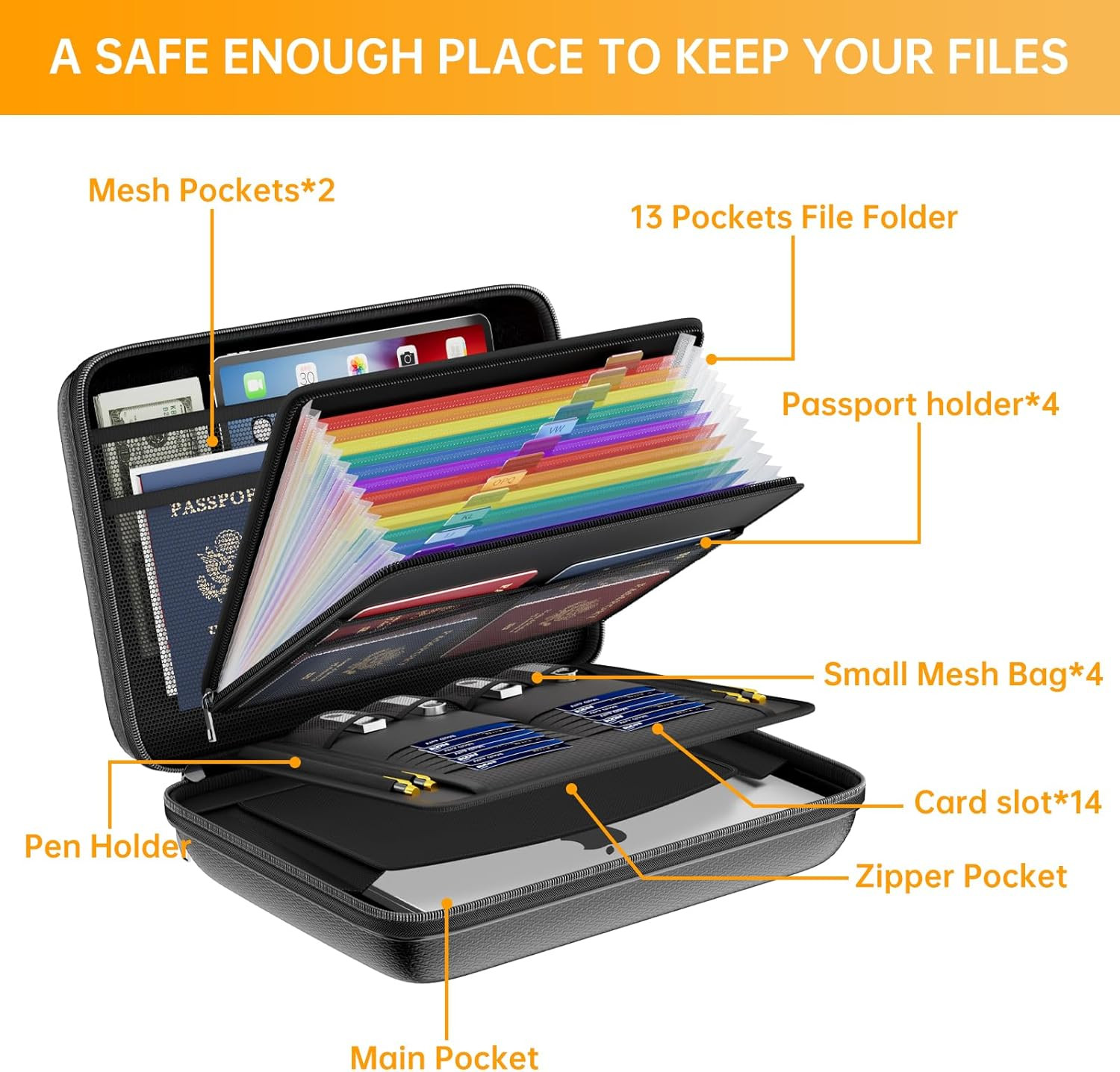 Fireproof File Organizer with Lock, Hard-Shell Case Fireproof Document Box with