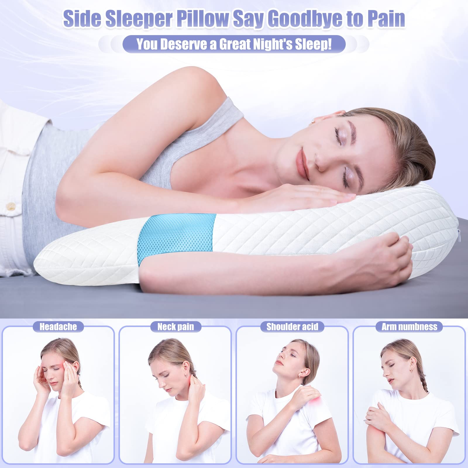 SAHEYER Side Sleeper Pillows for Adults, U 25.59x 23.93x4.72/2.36 inch, Blue