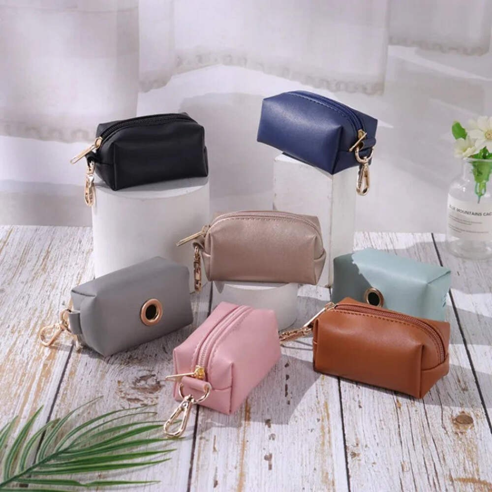 Leather Dog Poop Bag Holder Dog Waste Bag Dispenser with Metal Clip for Leash Be