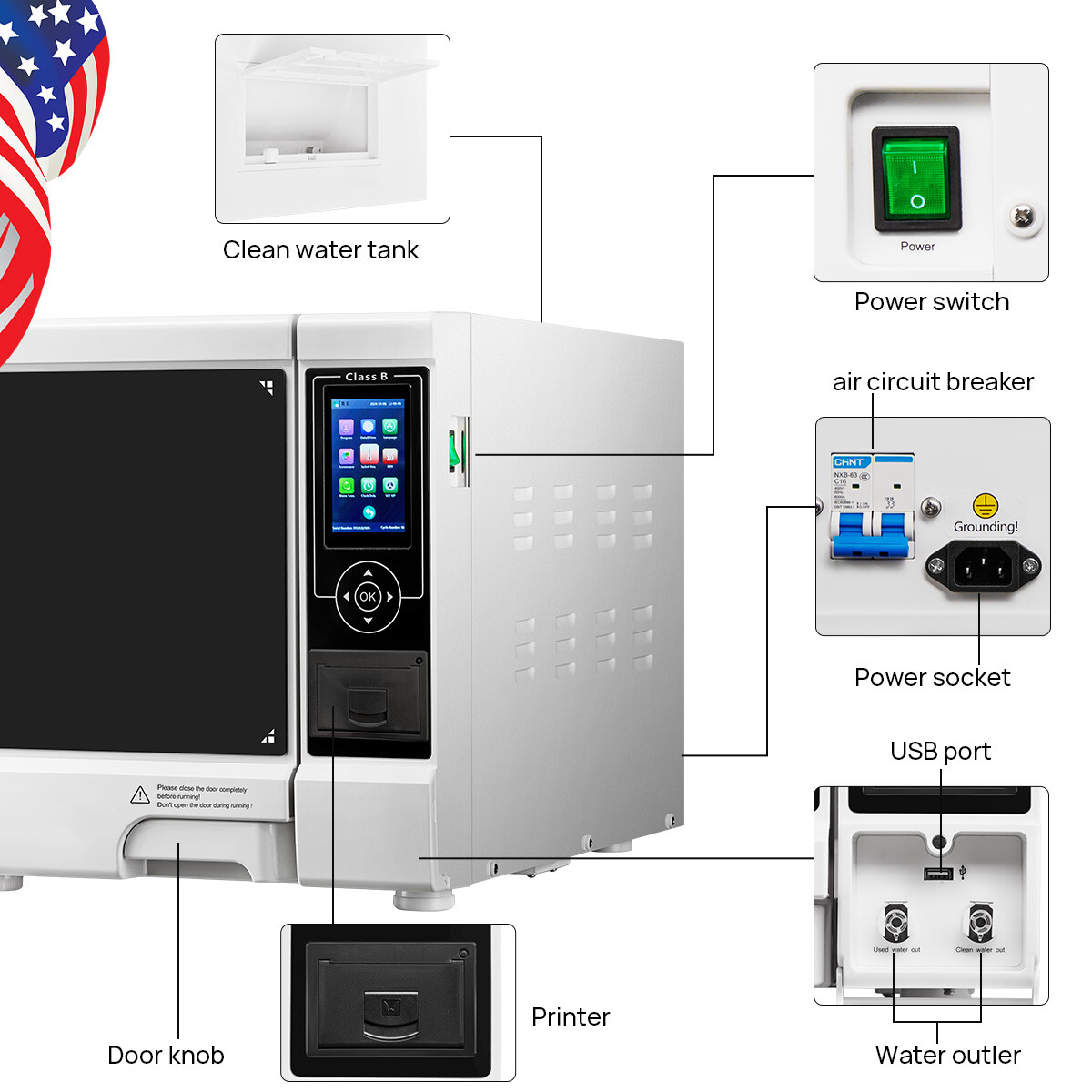22L Dental Class B Autoclaves Steam Sterilizers built-in Printer/Storage Cabinet