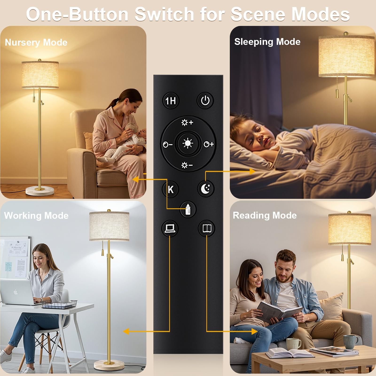 Gold Floor Lamp with Remote Control, Marble Base & Linen Shade, Dimmable Light