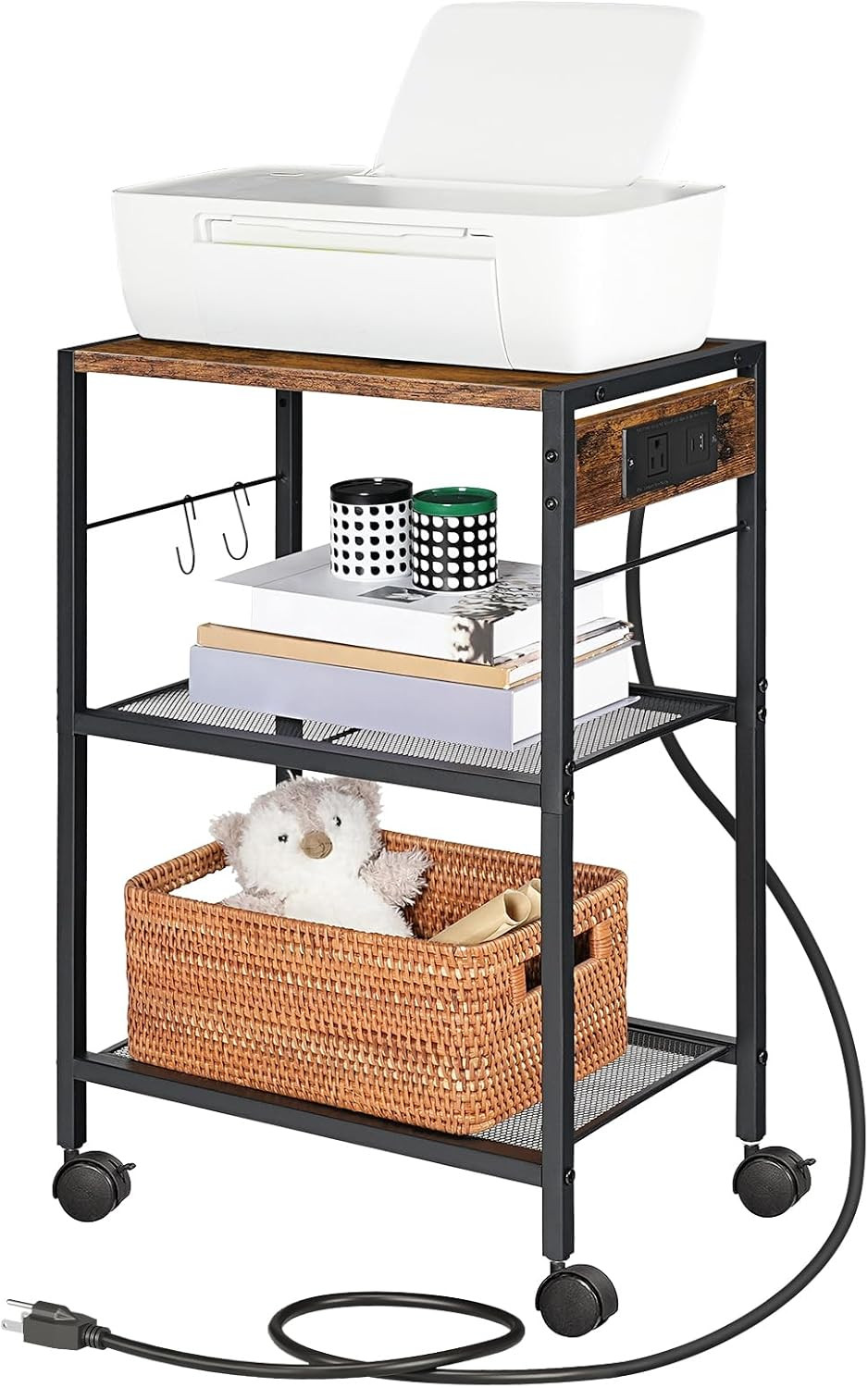 Industrial Printer Stand, 3-Tier Mobile Printer Table, Rolling Cart with Power O