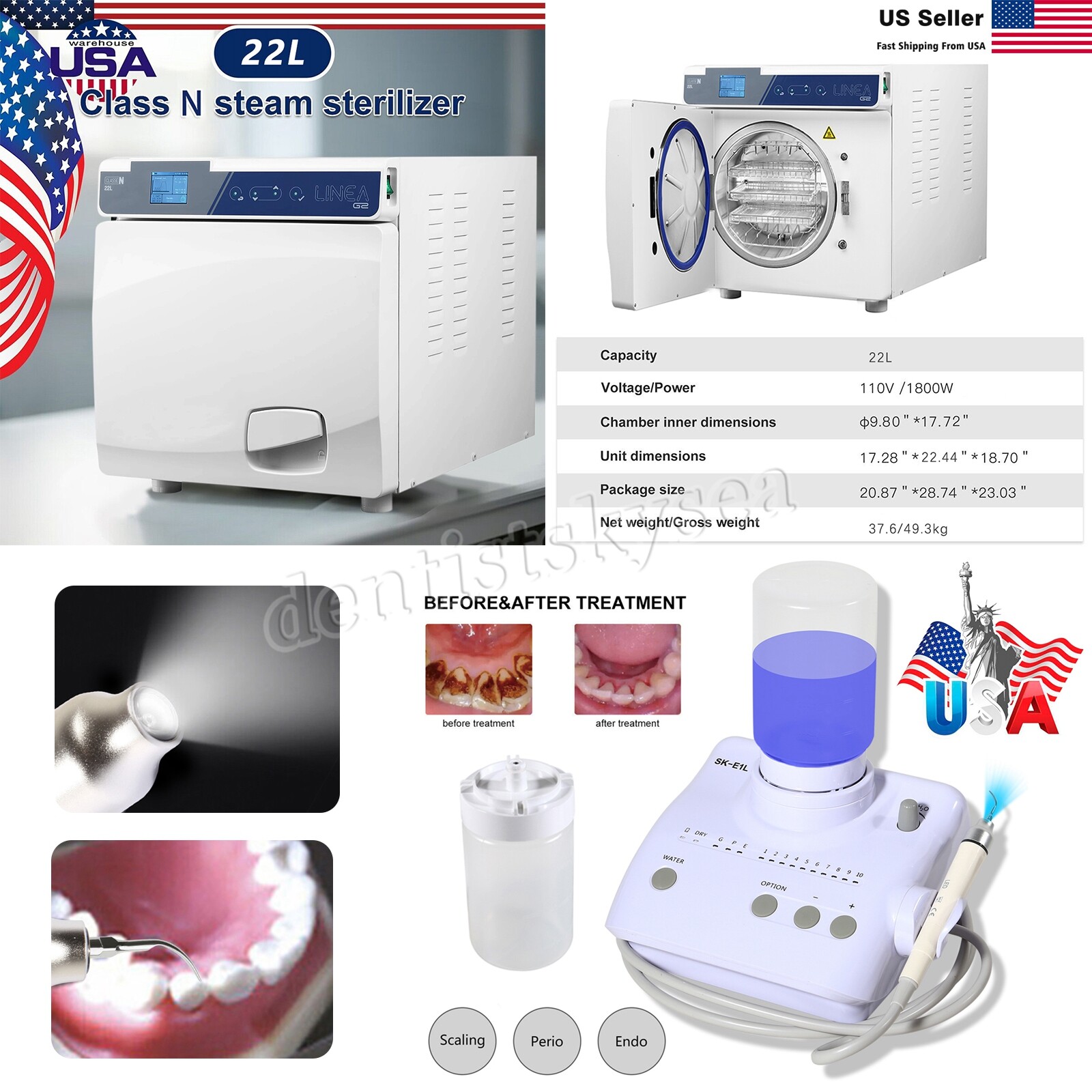 22L Autoclave Steam Sterilizer / Dental Ultrasonic LED Scaler fit EMS Cavitron