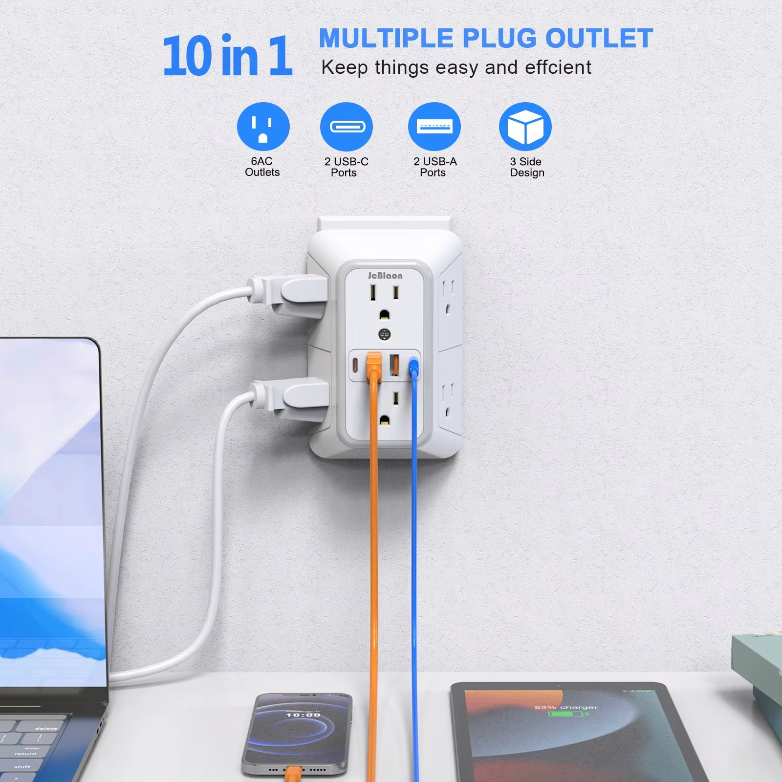 6 Outlet Extender Surge Protector Multi Plug Wall Adapter USB Charger Ports with