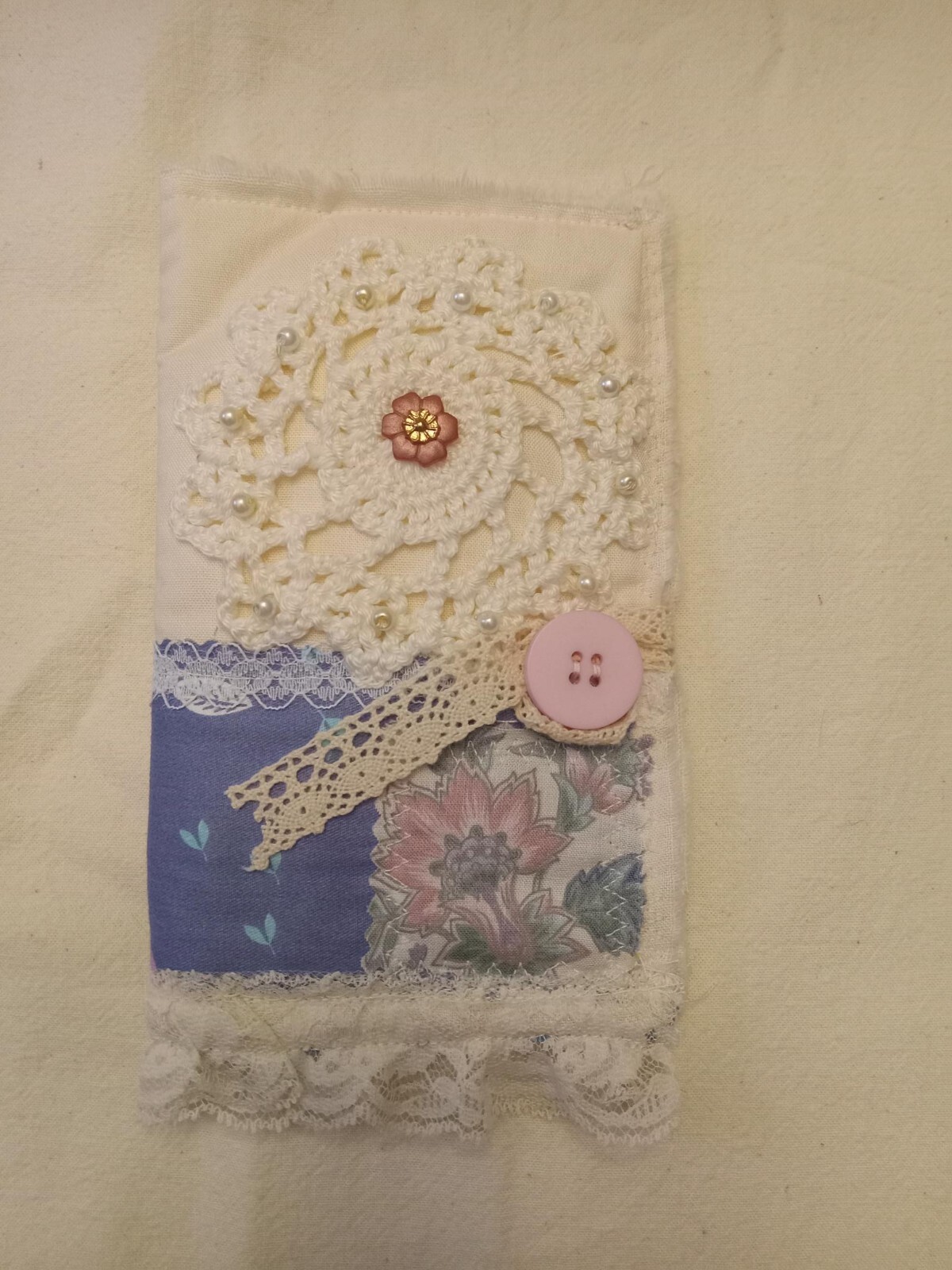 Handmade Needle Book, new/vintage fabric lace storage case blue, pink floral