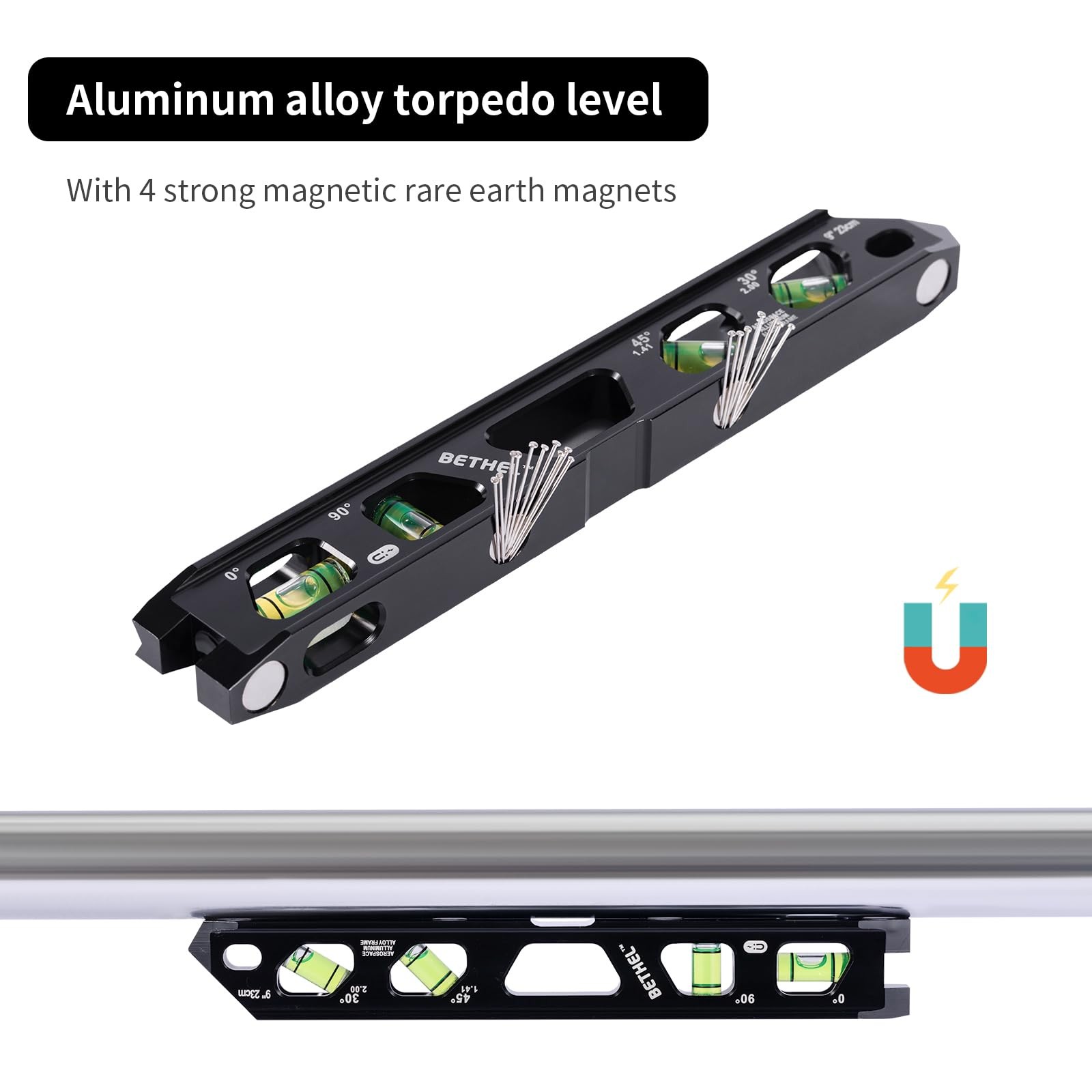 BETHEL 9 Inch Magnetic Torpedo Level with 4 Bubble Vials, V-Groove Black 9in