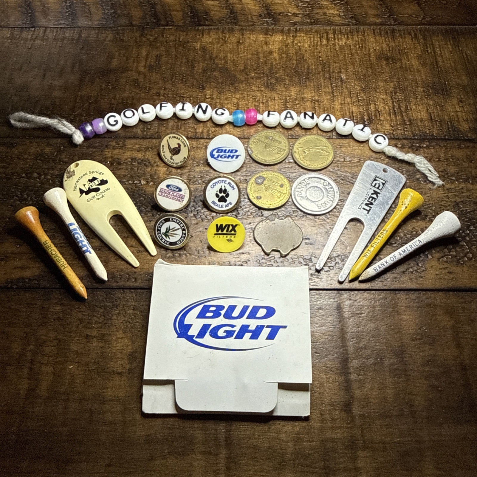 Vintage Markers, Tees, Tools Golf Ball Markers & Wooden Tees Assortment Set