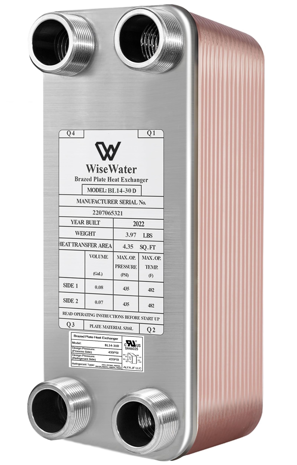 AB Plate Heat Exchanger, 3"x8" 30 Plates Water To Water Heat Exchanger, Coppe...