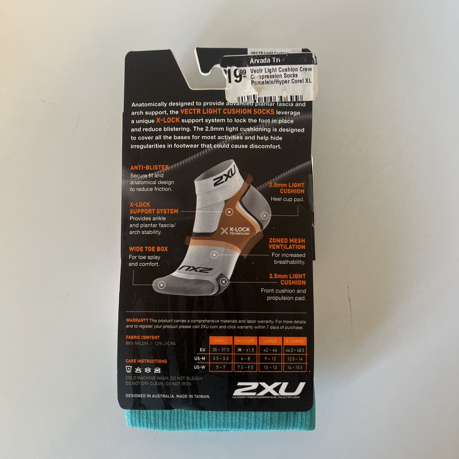 2XU Vectr Light Cushion Crew Sock Porcelain/Hyper Coral,