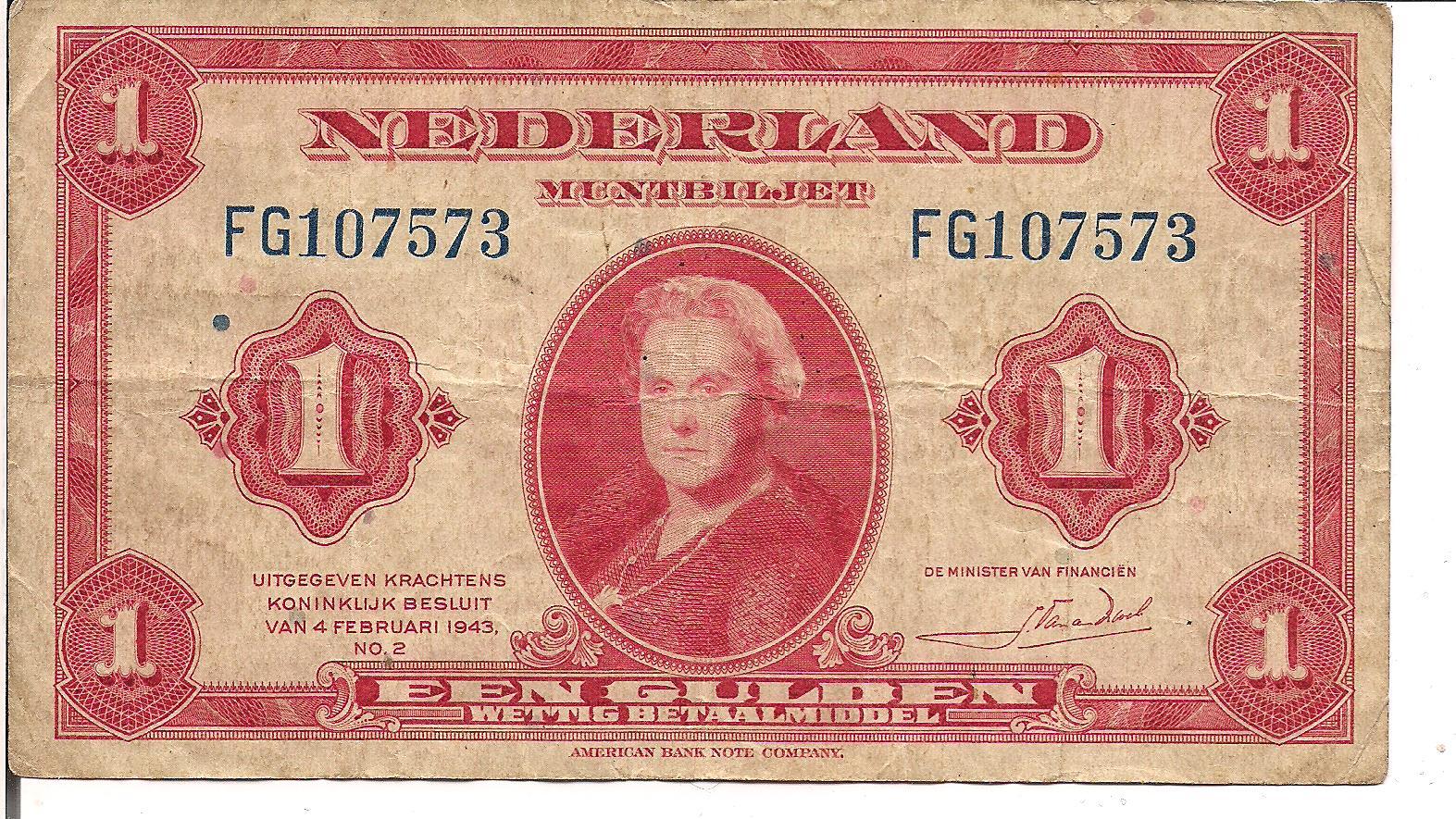 NETHERLANDS, 1 GULDEN, Qn. Wilhelmina @ ctr, 1943