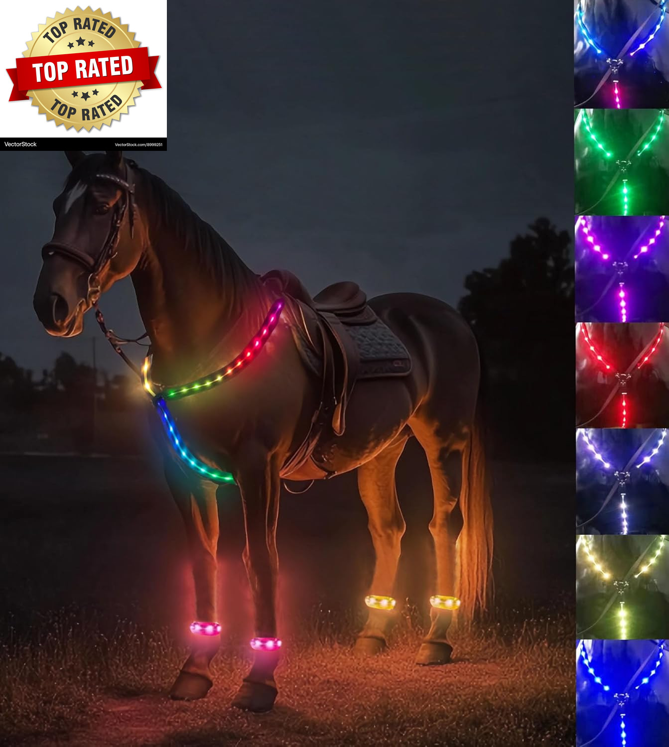 5Pcs 7 Colors in 1 LED Horse Tack Set, USB Rechargeable Light up Breastplate Col