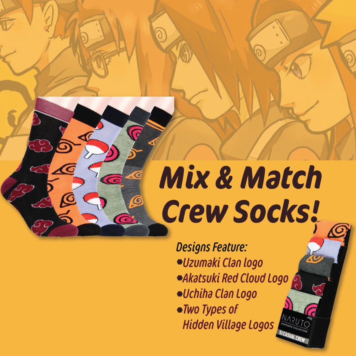 Naruto Shippuden Socks Uchiha Akatsuki Uzumaki Clan 5 Pack Adult Crew Socks