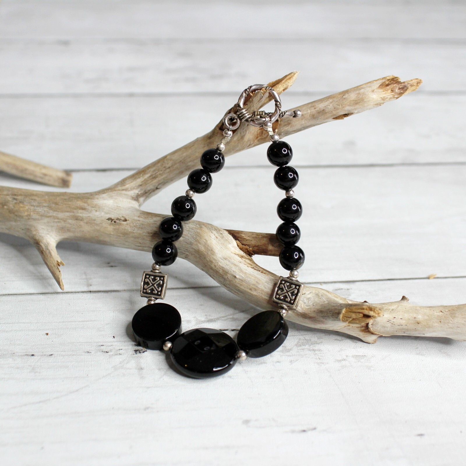 Handcrafted Women's Beaded Stone Bracelet Artisan Jewelry Black Sterling Silver