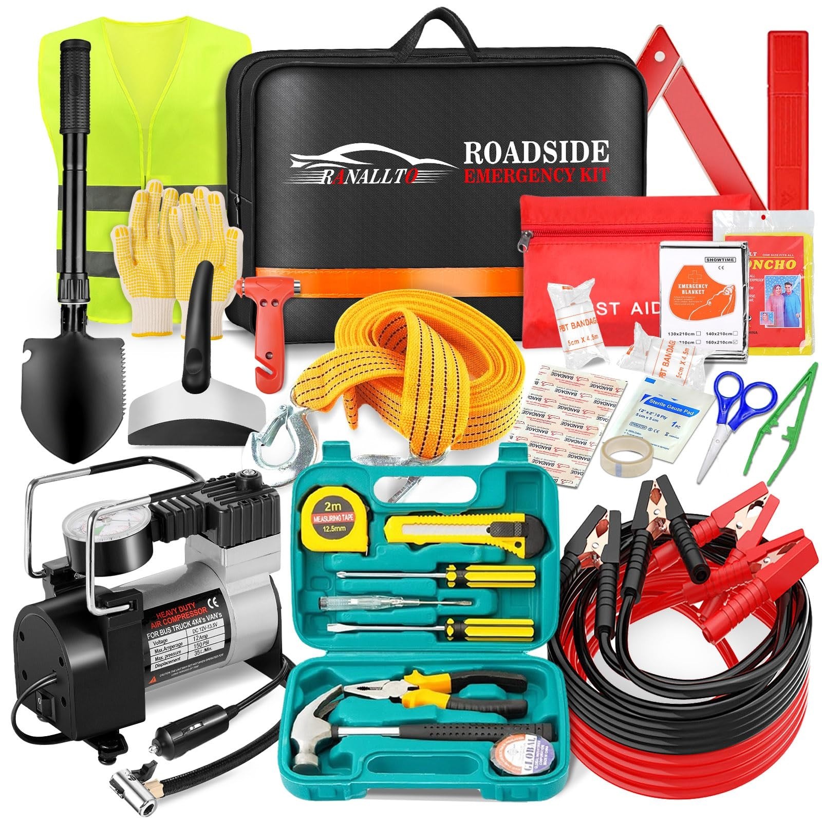 Emergency Roadside Kit for Cars & Trucks - Air Compressor, Jumper Cables, First