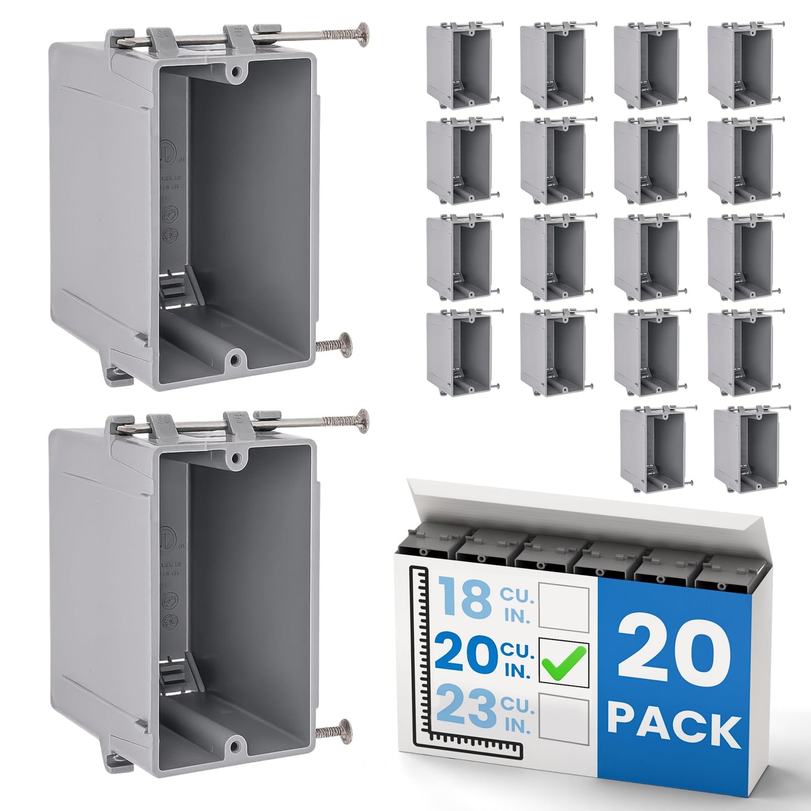 1Gang New Work Outlet Box 20 Cubic Inch PVC Electrical Box Captive 20 PCS