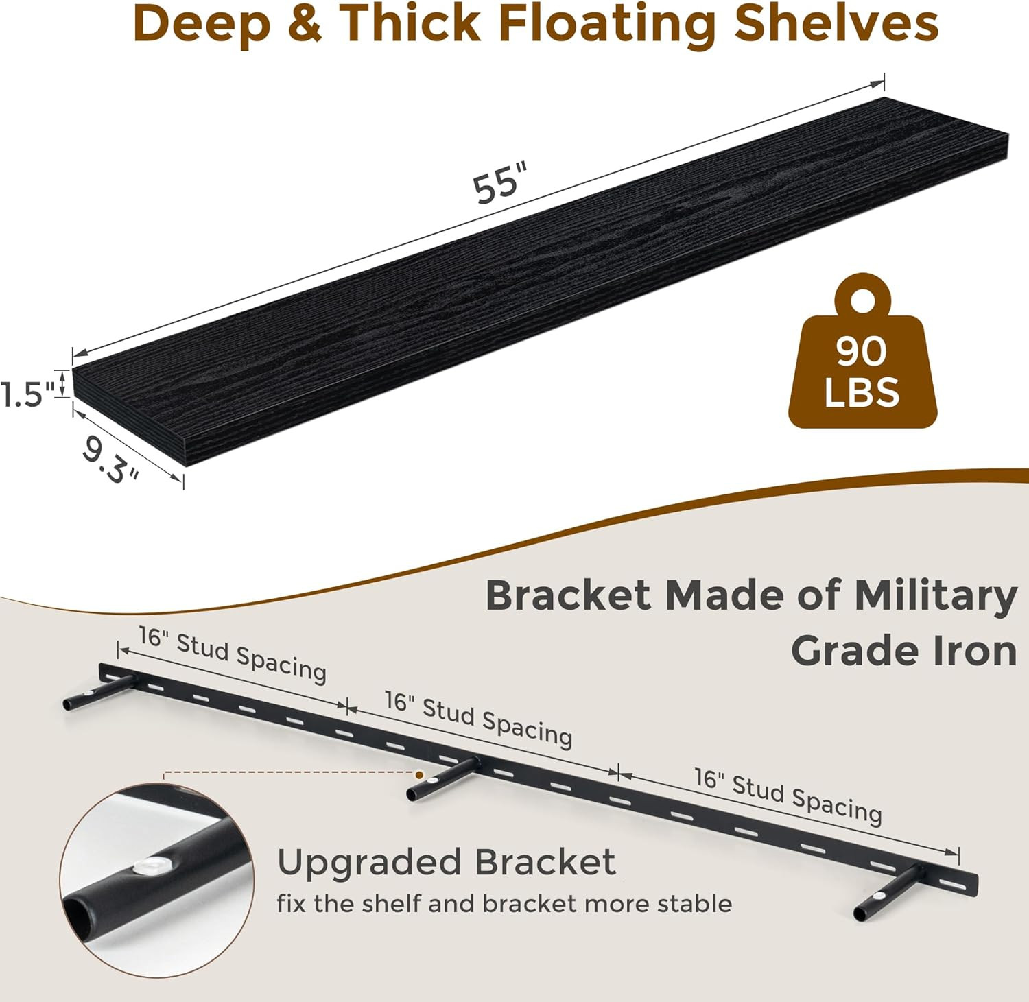 Rustic Black 55" Floating Shelf - 9.3" Deep Wall Mounted Storage Solution