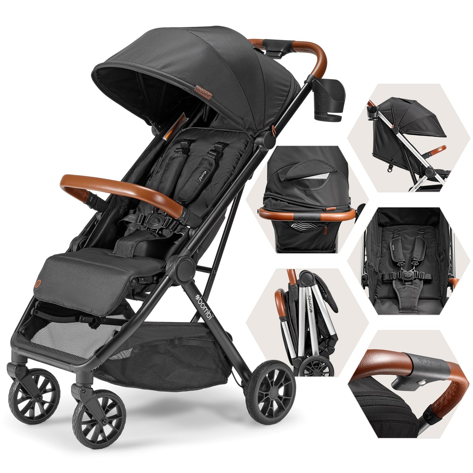 Bēbee V2 Lightweight Baby Stroller - Premium Vegan Leather, One-Hand Fold, In...