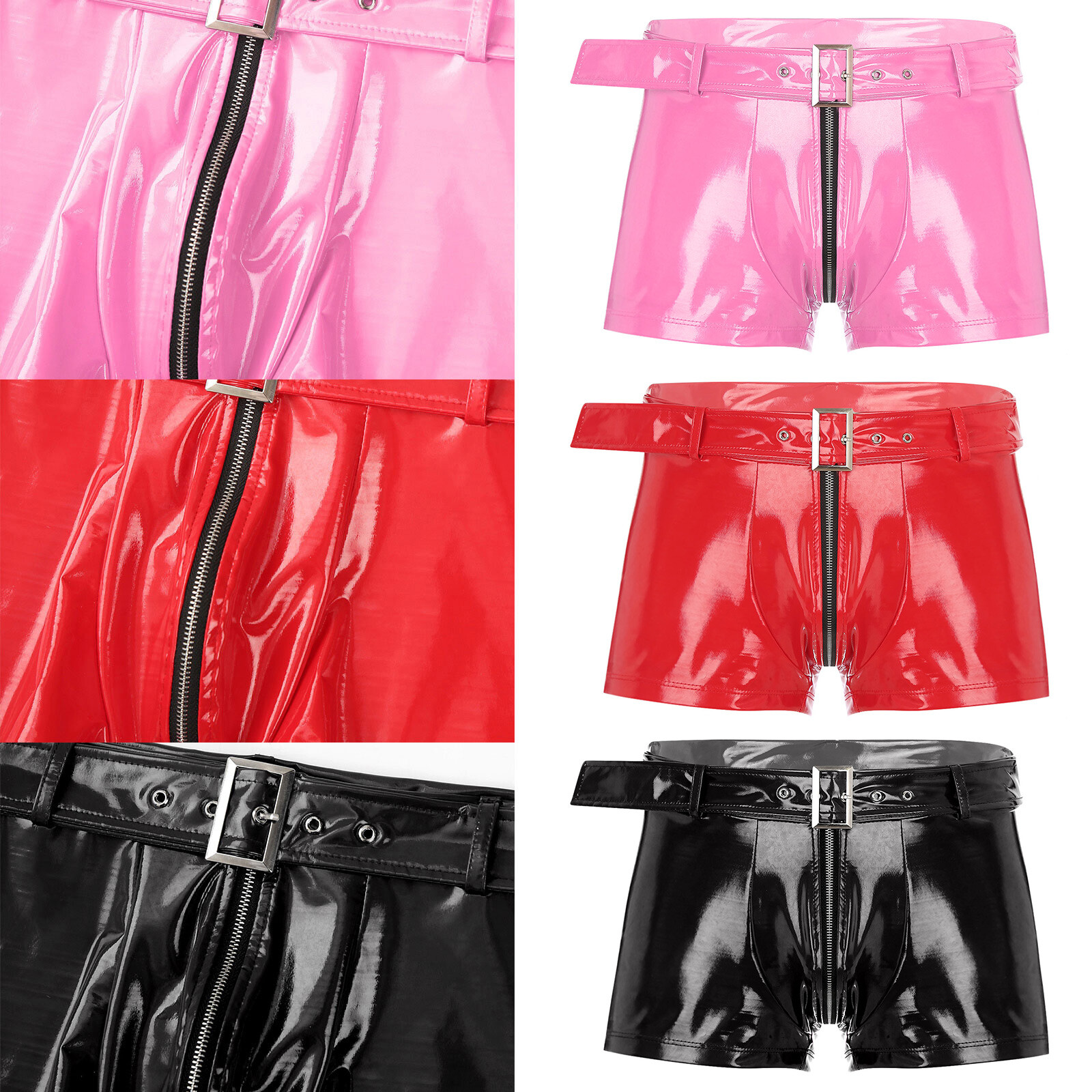 US YiZYiF Men's Shiny Zip Up Front Boxer Shorts Underwear with Adjustable Belt