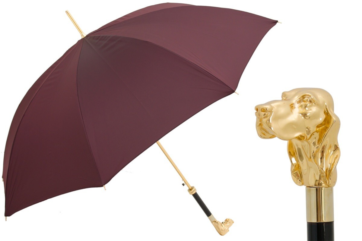 Pasotti Burgundy Umbrella with Golden Dog with Gift Box included New