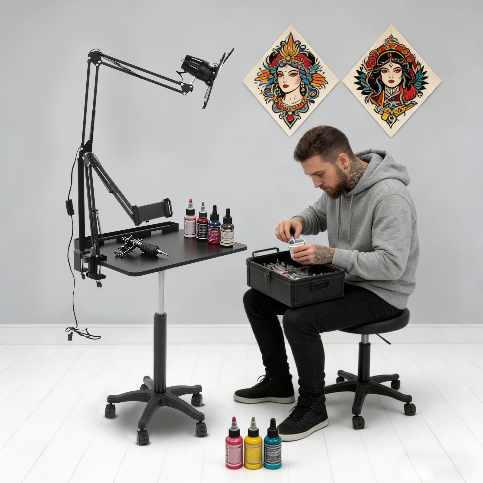 Black Salon Rolling Workstation With Led Light Adjustable Height Workstation