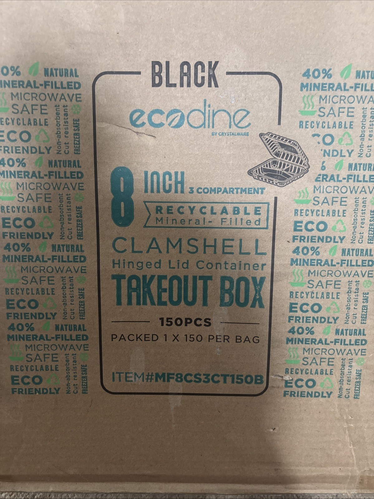 Black Ecodine 8in 3 Compartment To-Go Containers- 150pcs