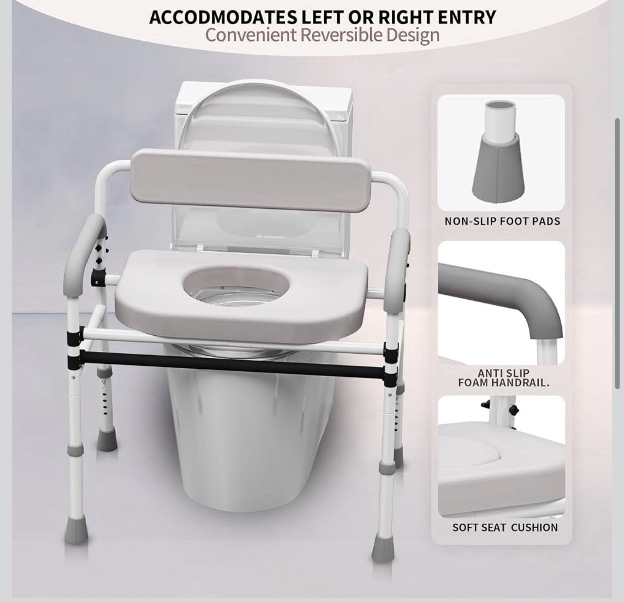 Adjustable Medical Bedside Commode Chair with Padded Backrest, Drop Arm Support