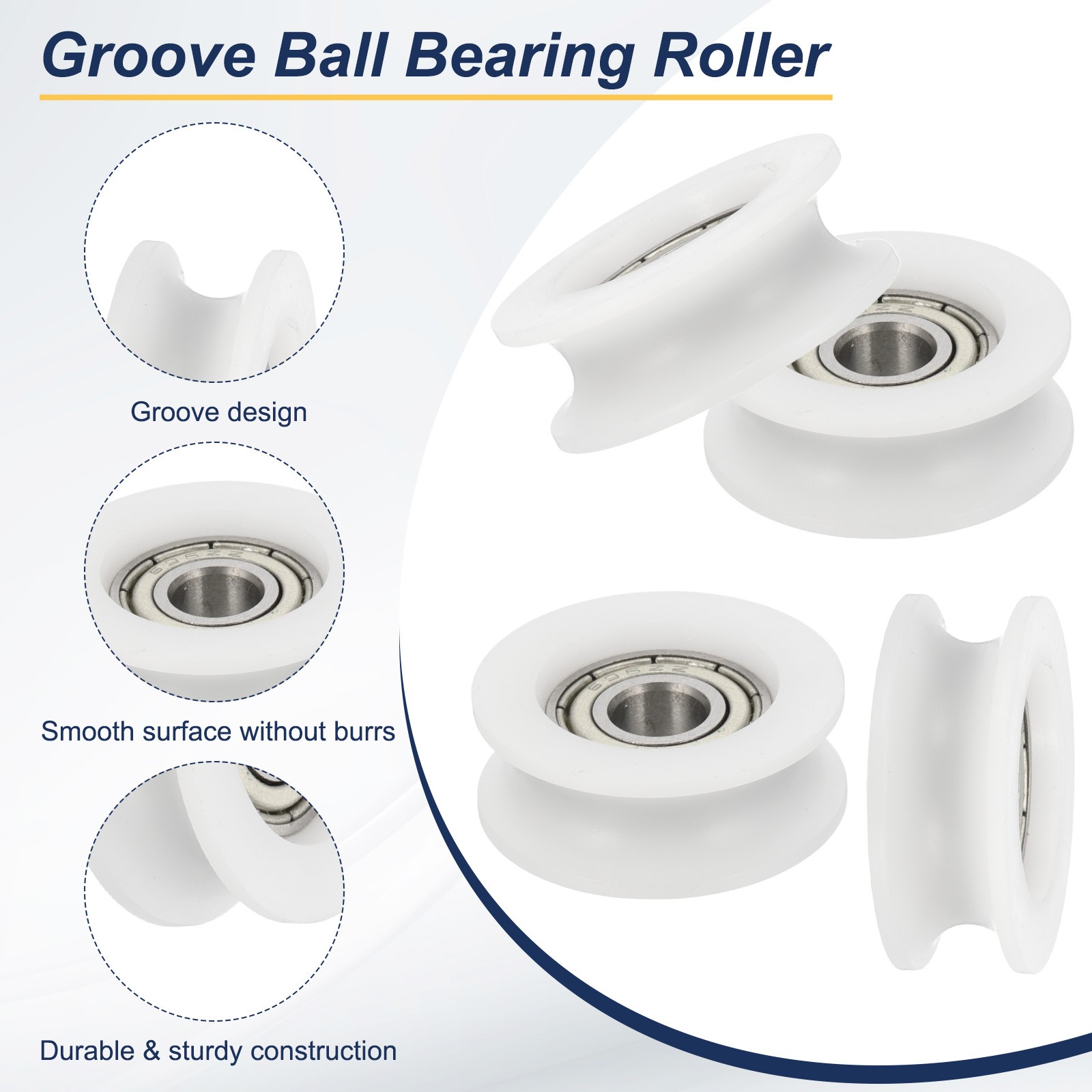 U Groove Ball Bearing Roller, 6 x 24 x 9mm Guide Wheel, White Pack of 4