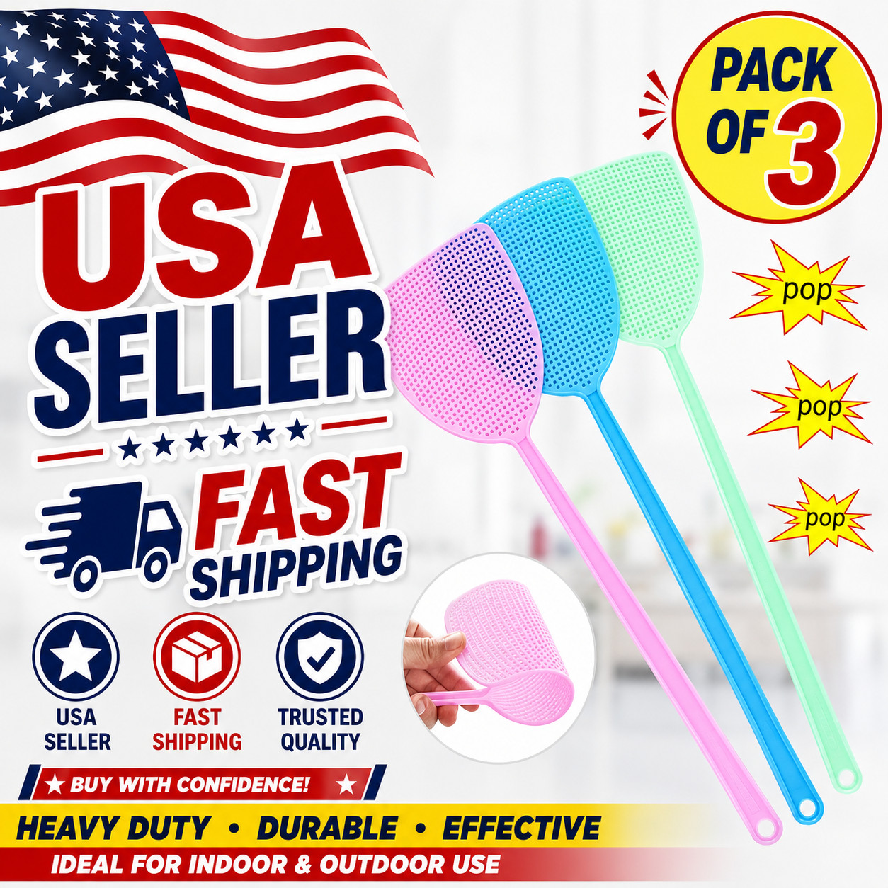 3 Pack Fly Swatter Set Heavy Duty Thickened Plastic Mosquito Insect Pest Control