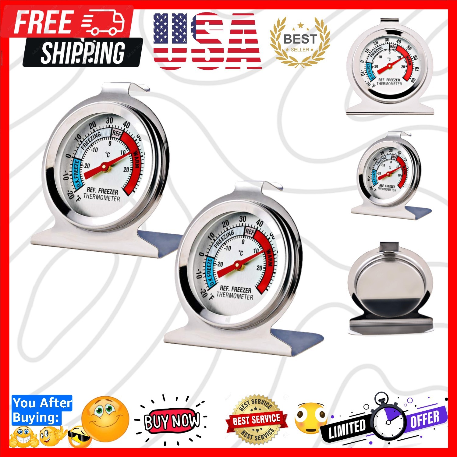 2 Pack Refrigerator Freezer Thermometer Large Dial Analog Thermometer