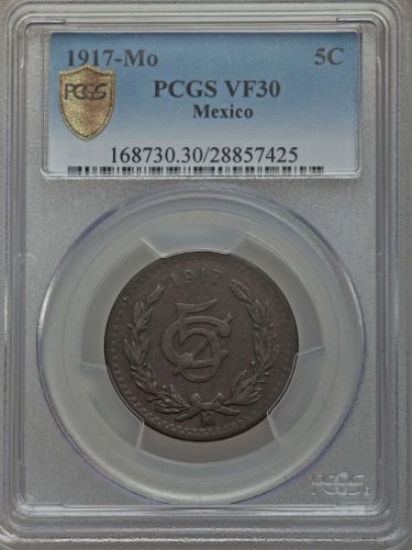 MEXICO ESTADOS UNIDOS 1917  5 CENTAVOS COIN CERTIFIED CIRCULATED PCGS VF30