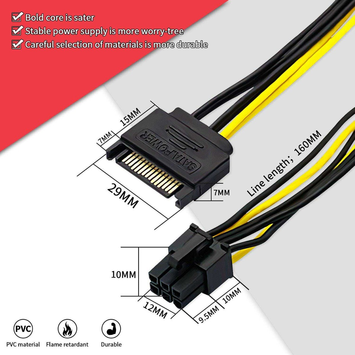 15pin SATA Power To 6pin Pcie Pci E Pci Express Adapter Cable Compatible Durable