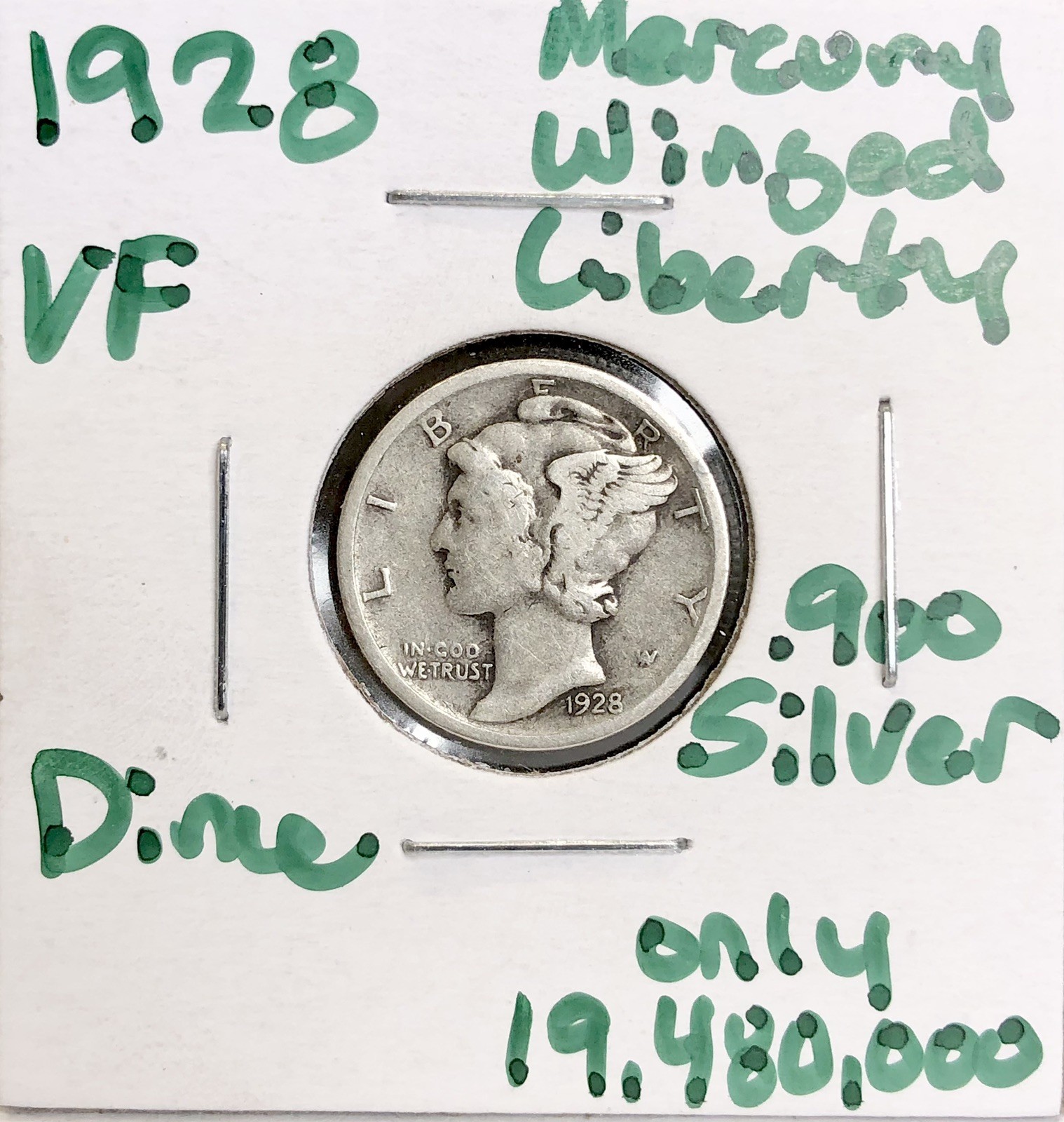 1928 Mercury Dime - Winged Liberty - .900 Silver Us Coin - VF - Only 19,480,000