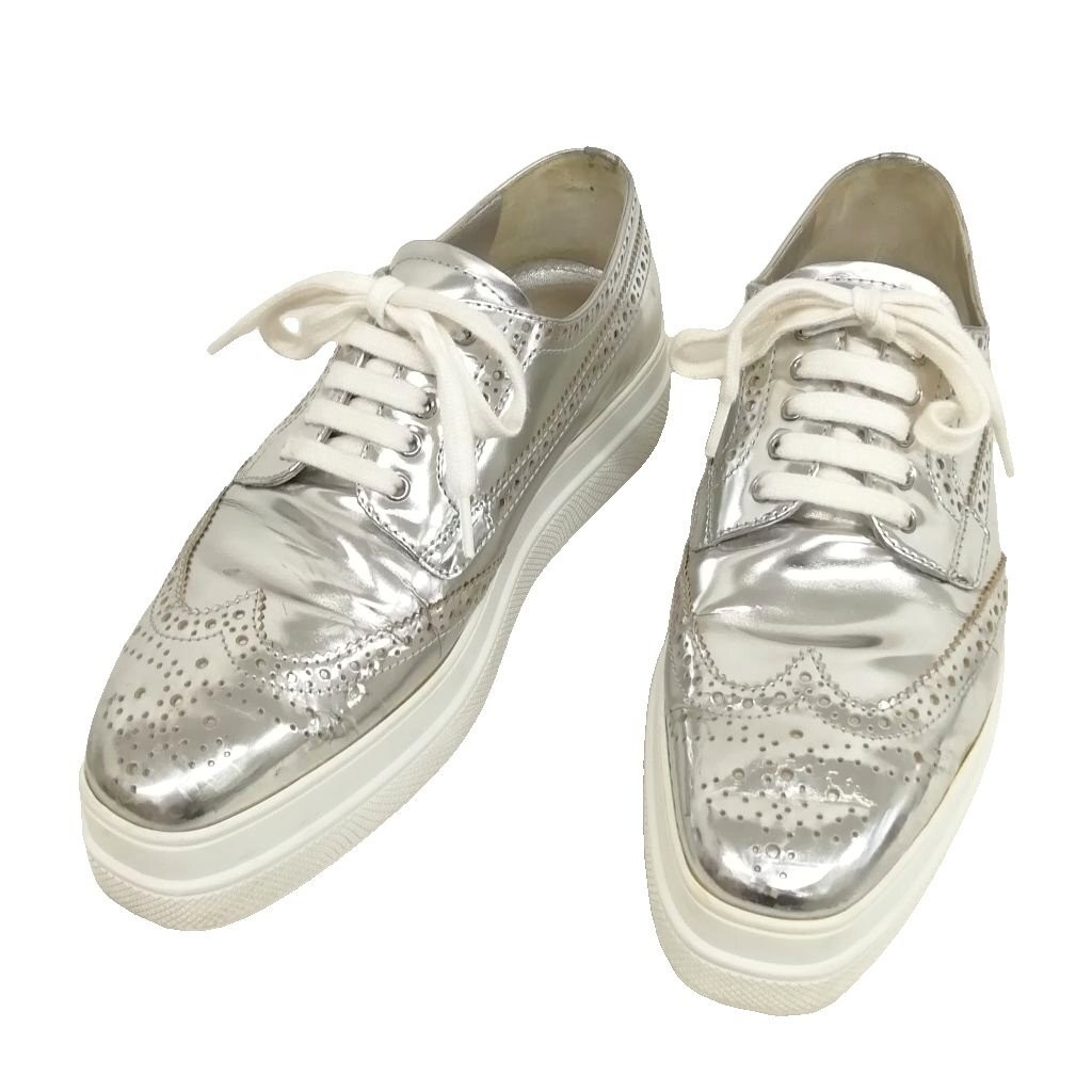 Prada Wingtip Leather Sneakers Platform Silver Women's Size EU38.5/US8.5