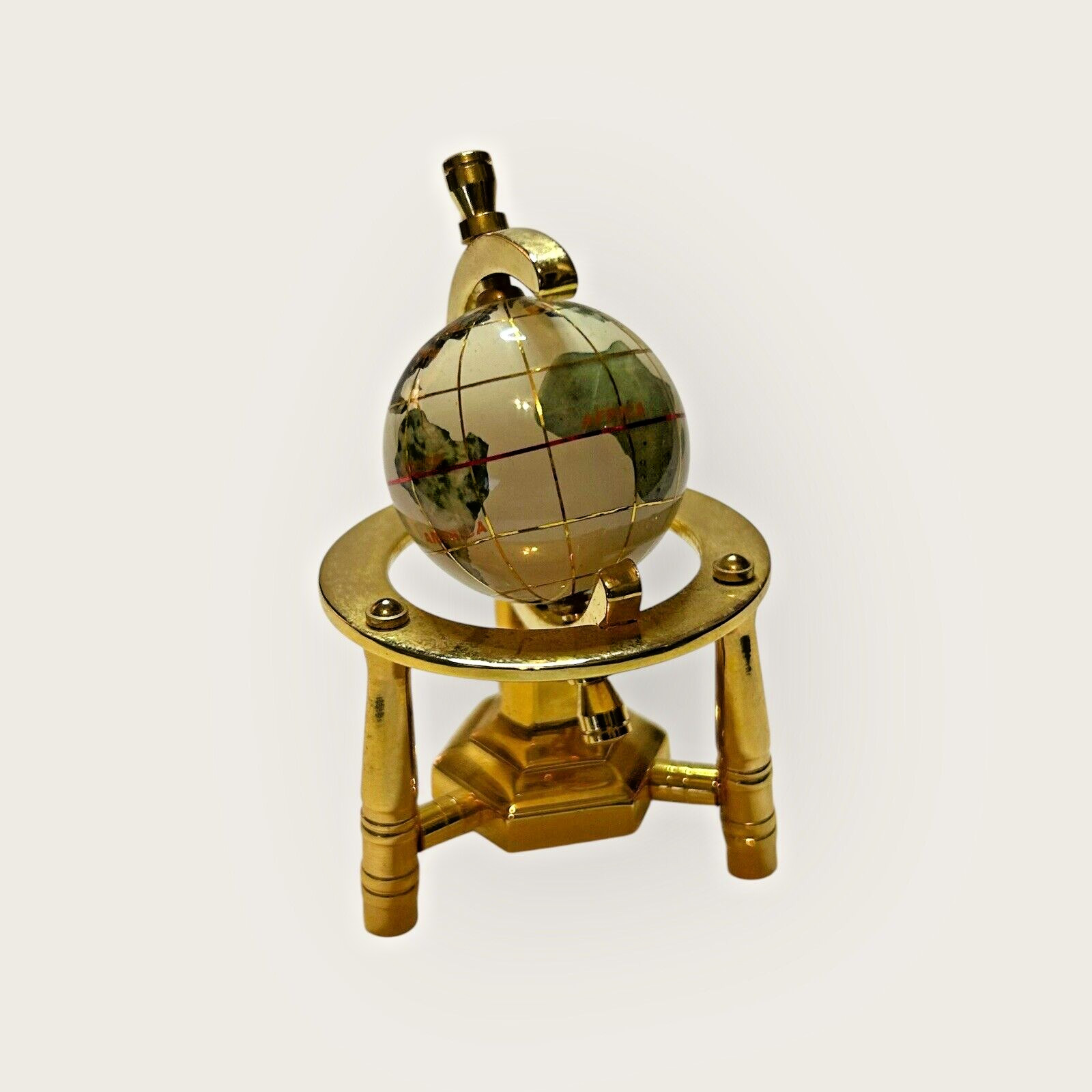 Vintage Semi-Precious Stone Mini Globe Goldtone Stand 3"