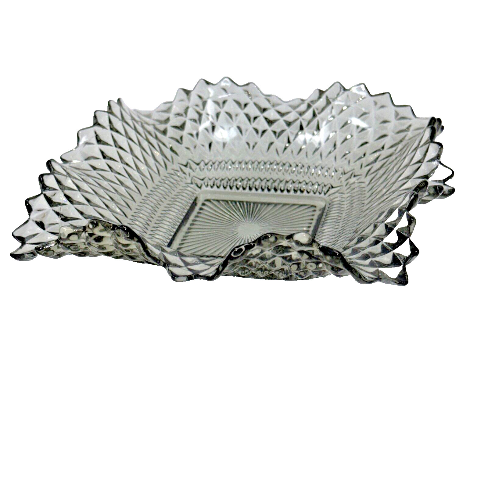 Vintage Indiana Glass Diamond Point Smoke Ruffle Edge Candy Trinket Dish