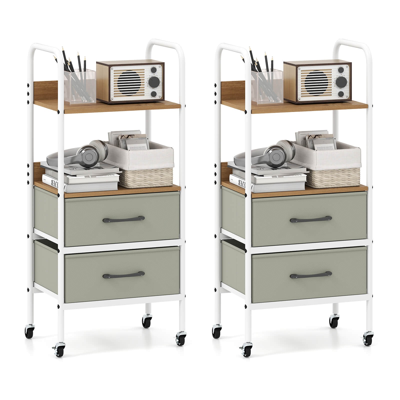 2PCS Rolling Utility Storage Cart w/2 Open Shelves  2 Fabric Drawers for Bedroom
