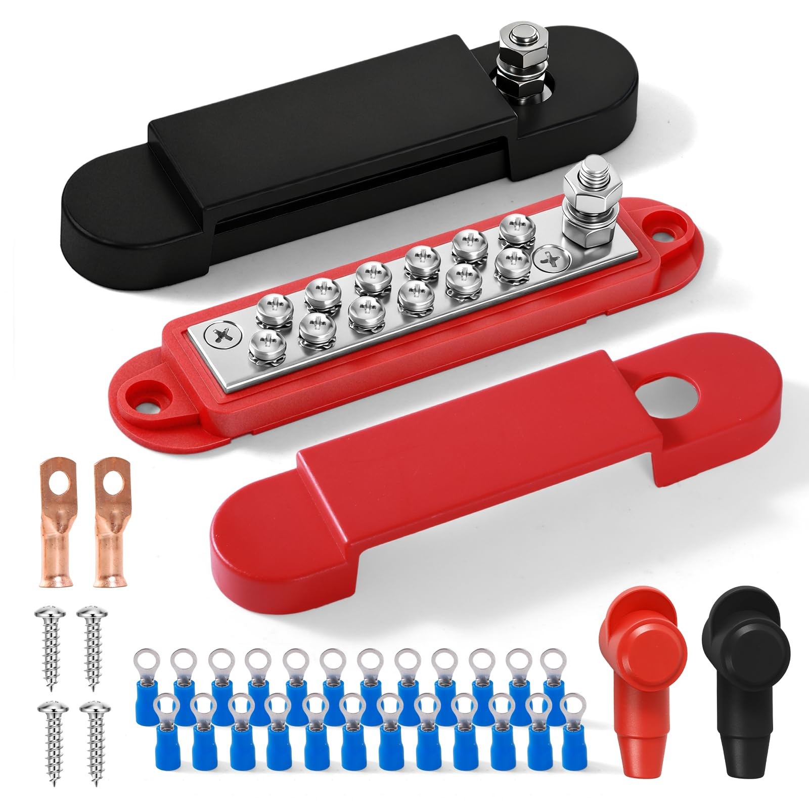 Avelis Bus Bar 12V 150A Power Distribution Block, 1/4 in Stud Red & Black