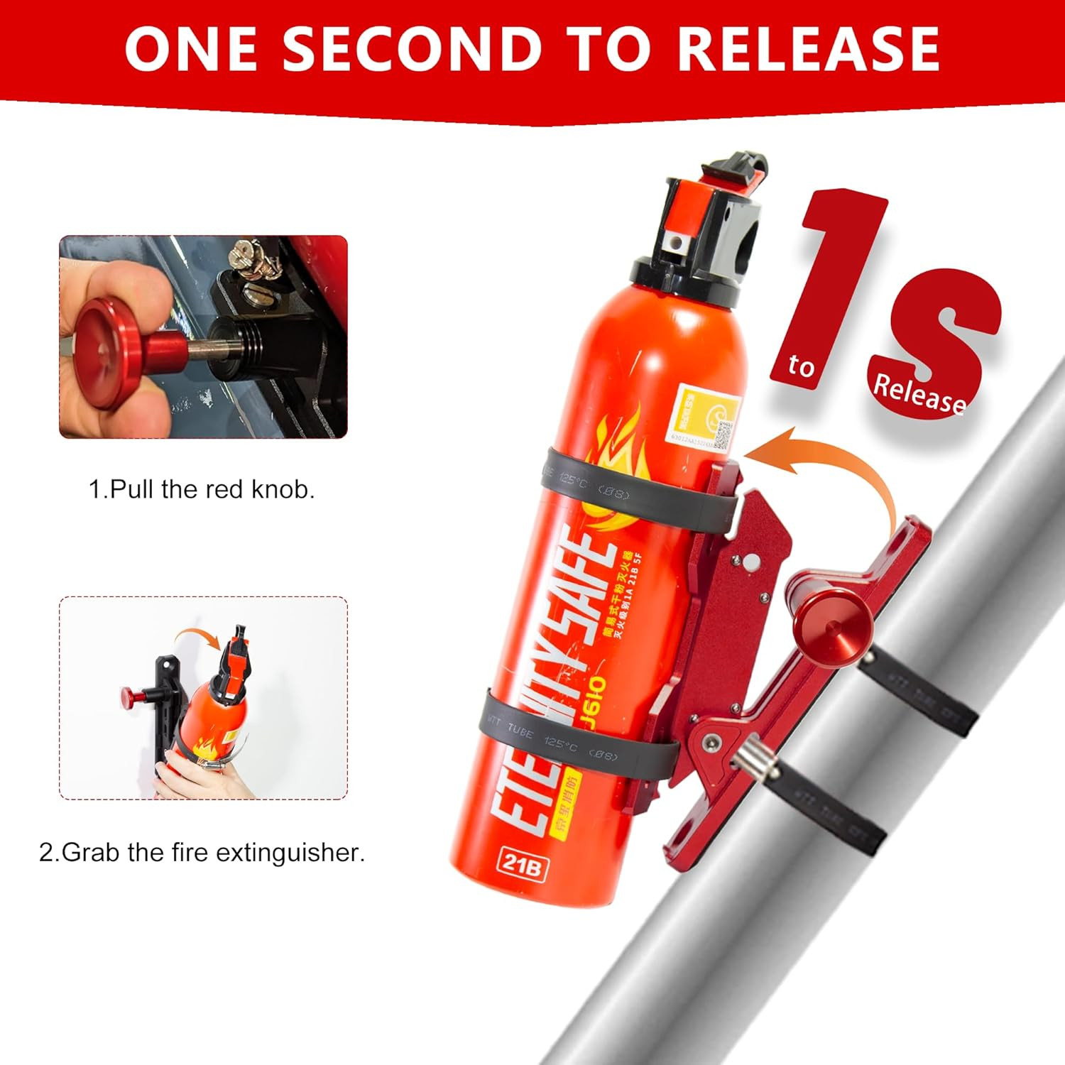 Quick Release Fire Extinguisher Mount - Aluminum Adjustable UTV Roll Bar Fire Ex