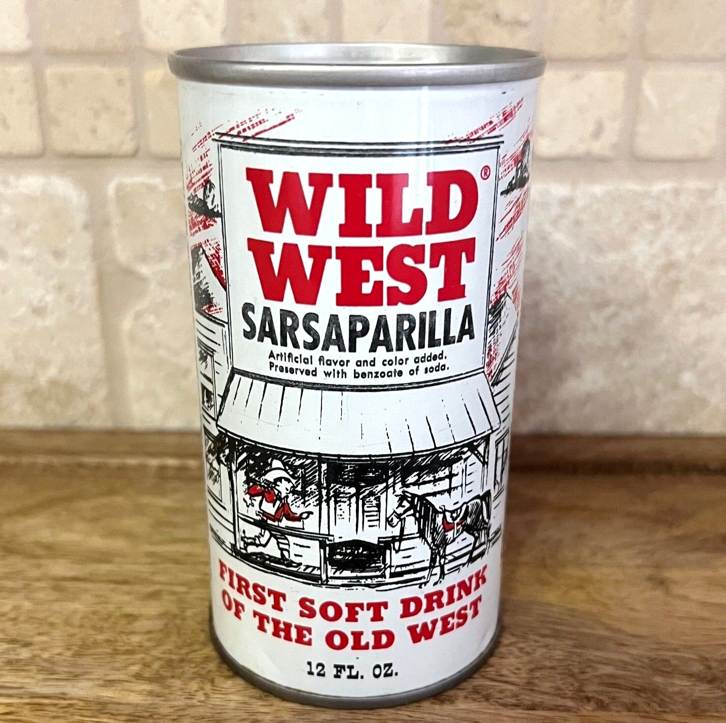 Minty! WILD WEST SARSAPARILLA Soda can ~ Straight steel ~ Lorain, OHIO 44052