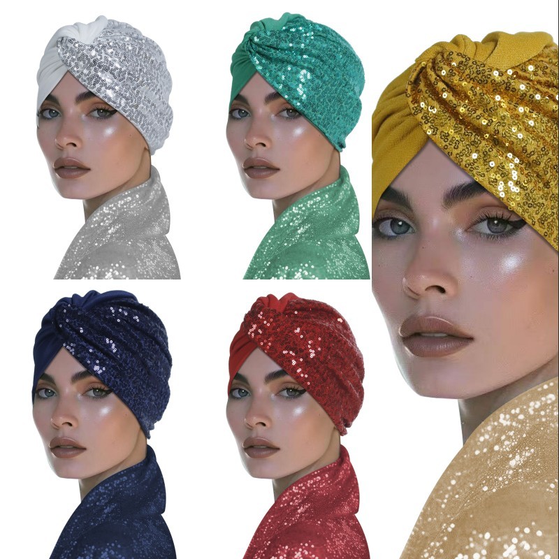 New Velvet Turban Indian Hat Women Sequin Headscarf Hat Twist Beanies Chemo Cap